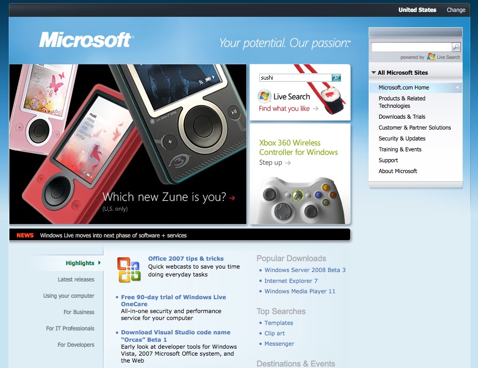 Homepage showing the Zune player (2007)